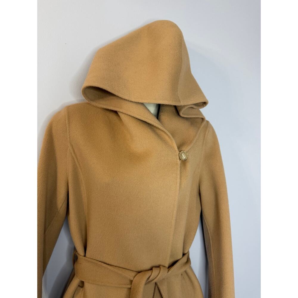 Theory Wilrose New Divide Wool Cashmere Wool Hooded Belted Wrap Coat Tan Sz S - Picture 7 of 14